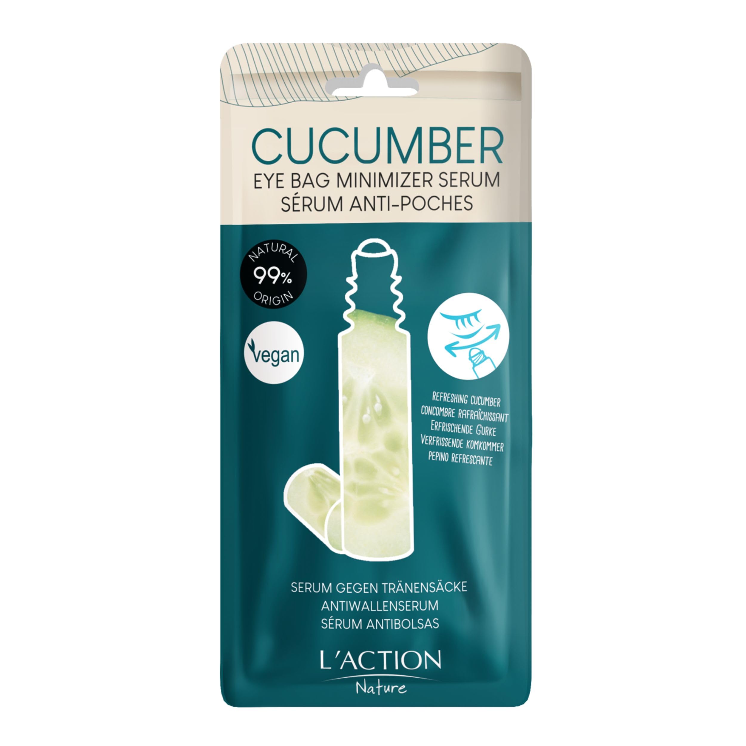 L'Action Paris Eye Bag Minimiser Serum, Natural Eye Serum with Cucumber Extract for Under-Eye Puffiness, Brightening Eye Serum Helps Improve Skin Elasticity and Hydration 10ml