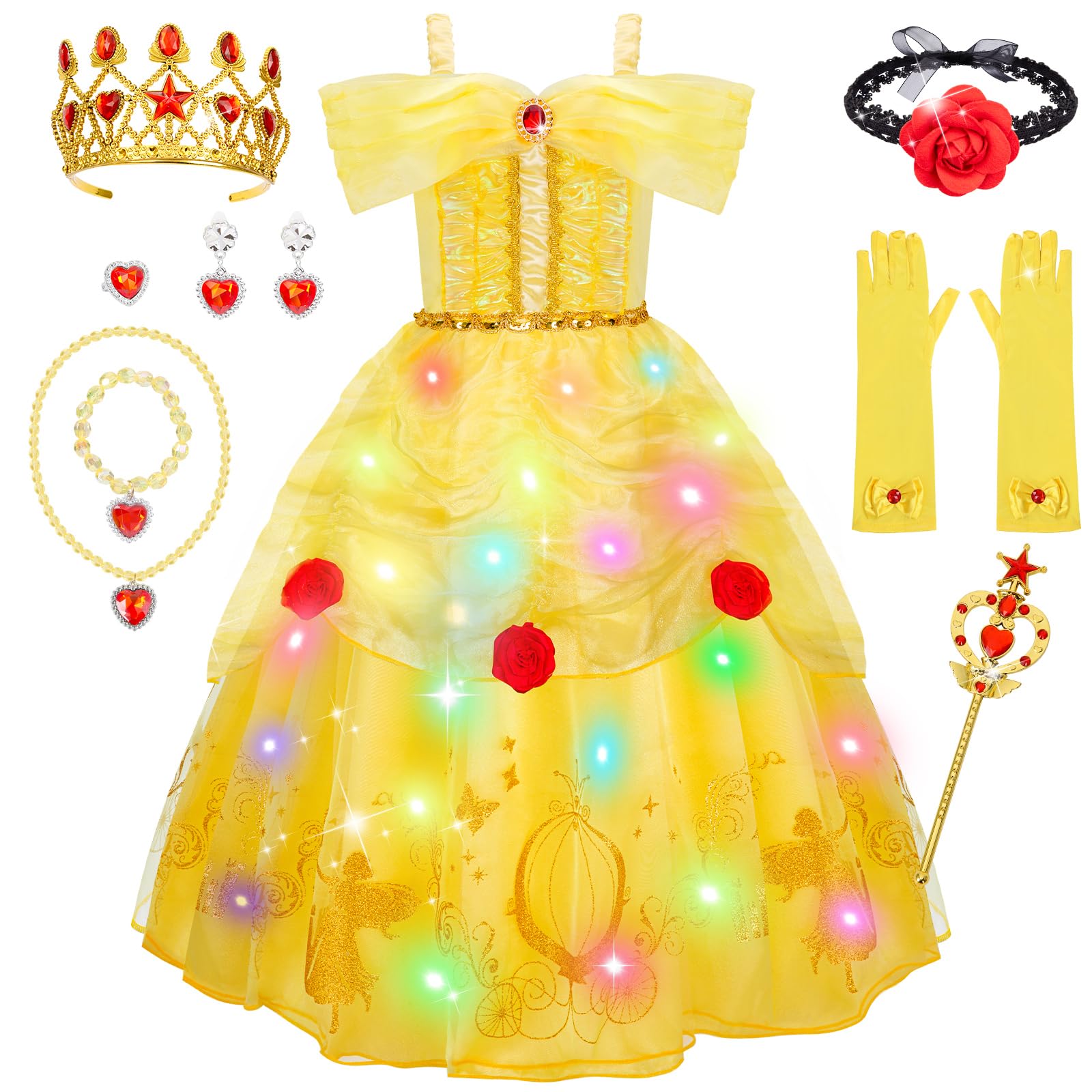 WIKITOT Princess Costume for Girls, Light up Rose Princess Dress up for Girls Aged 3-10, World Book Day Fancy Dress Halloween Costumes(XL)