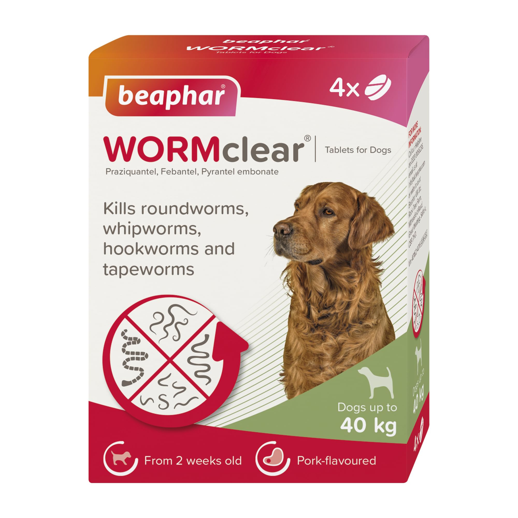 Beaphar - WORMclear® Tablets for Dogs up to 40kg - 4 Tablets - Kills All Common UK Intestinal Worms (Roundworms & Tapeworms) - Vet Strength Wormer - Pork-Flavoured - For dogs over 2 weeks old & 3kg