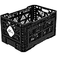 Bigant Heavy Duty Collapsible & Stackable Plastic Milk Crate-Medium Size, Black, Stackable Open Front Organizer, Set of 1, Snap Lock Foldable Industrial Garage Storage Bin Container Utility Basket