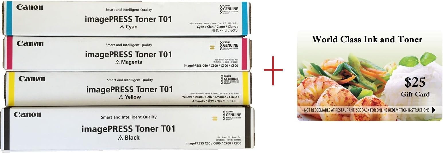 WCI Best Value Pack of All (4) Genuine Original Canon Brand T01 Toner Cartridges + a FREE $25 Restaurant Gift Card. (1 each of Black/Cyan/Magenta/Yellow Toners) for: Canon ImagePress C700/C800.