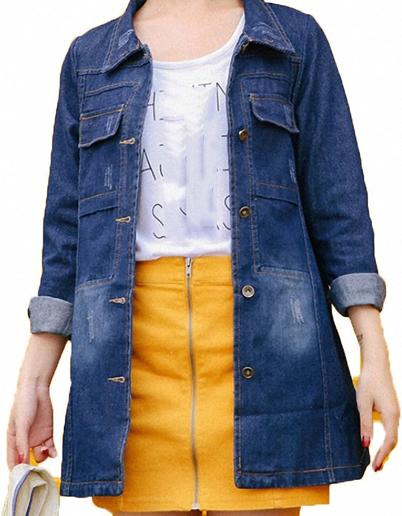 Huiwa Womens Denim Jacket Plus Size Solid Color Long Sleeve Loose Bomber Basic Coat