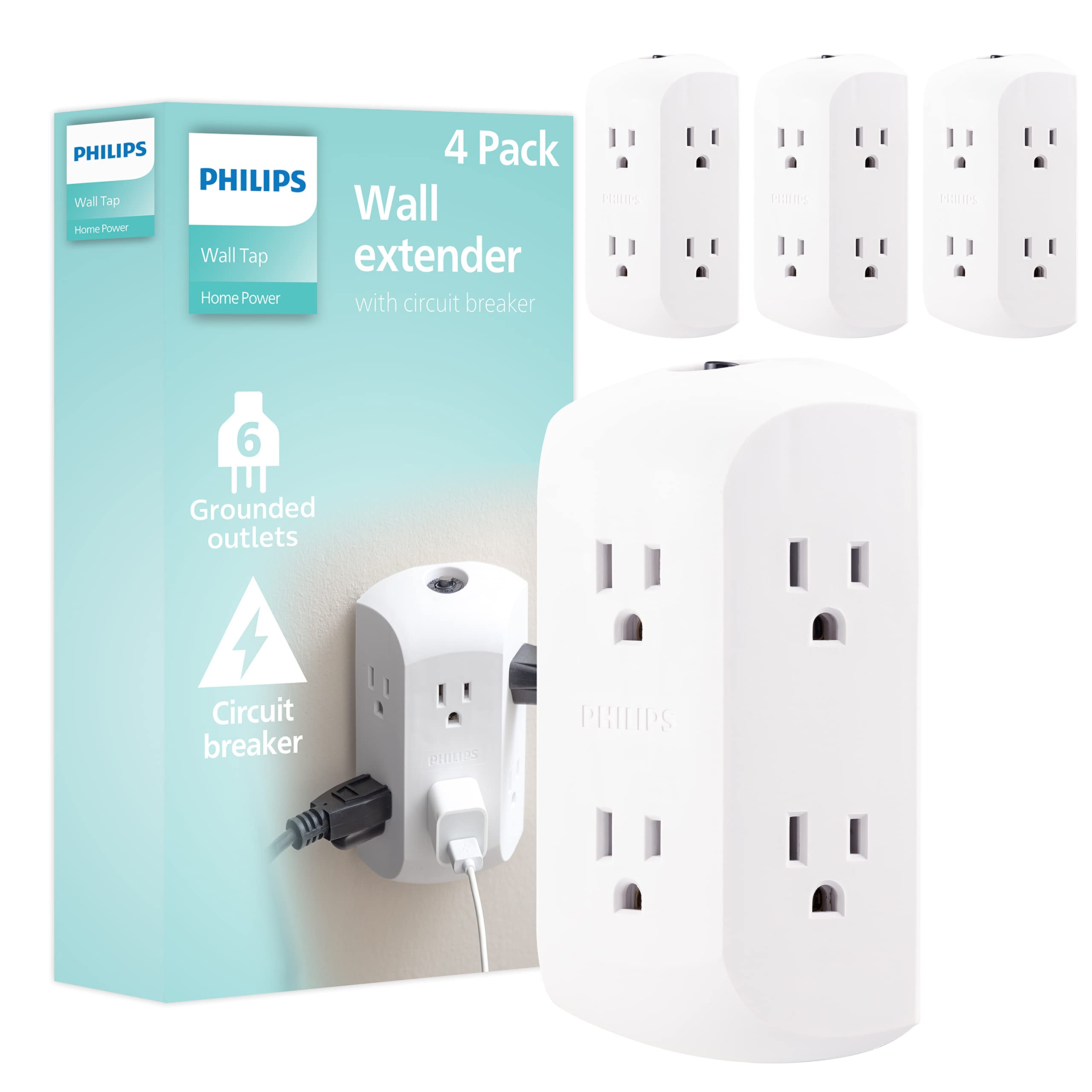 Photo 1 of *PARTIAL SET - ONLY 1 Pack*
Philips 6-Outlet Extender, 4 Pack, Grounded Wall Tap, Reset Button, Circuit Breaker, Adapter Spaced Outlets, 3-Prong, Quick and Easy Install, Cruise Essentials, UL Listed, White, SPS1464WA/37