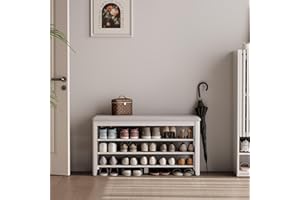 KASLANDI Shoe Bench with Leather Cushion, 3 Tiers Shoe Storage Bench Height Adjustable, Walnut Wood Entryway Bench for Hallway, Mudroom