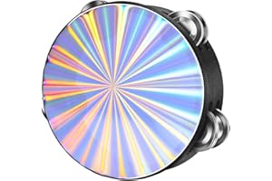 Flexzion Wood Church Tambourine Instrument - 6 Inch Reflective Hand Drums for Adults, Single Row Metal Tambourine for Church, Parties, & Musical Events