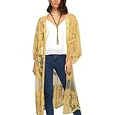 FaroDor Women's Long Flowy Lace Crochet Kimono Cardigan Boho Style Summer Beach Cover Ups Yellow