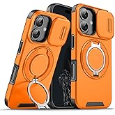 Dteck for iPhone 16 (6.1") Shockproof Case with Rotating Phone Ring Holder Kickstand/Slide Camera Cover, Compatible with MagSafe, Hard Plastic Shell Protective Rugged Magnetic Slim Cover, Orange