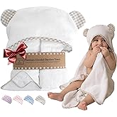 Channing & Yates Premium Organic Baby Towel Set - Soft Viscose Bamboo Hooded Towel & Washcloth - Girl & Boy Bath Essentials (Beige/White)