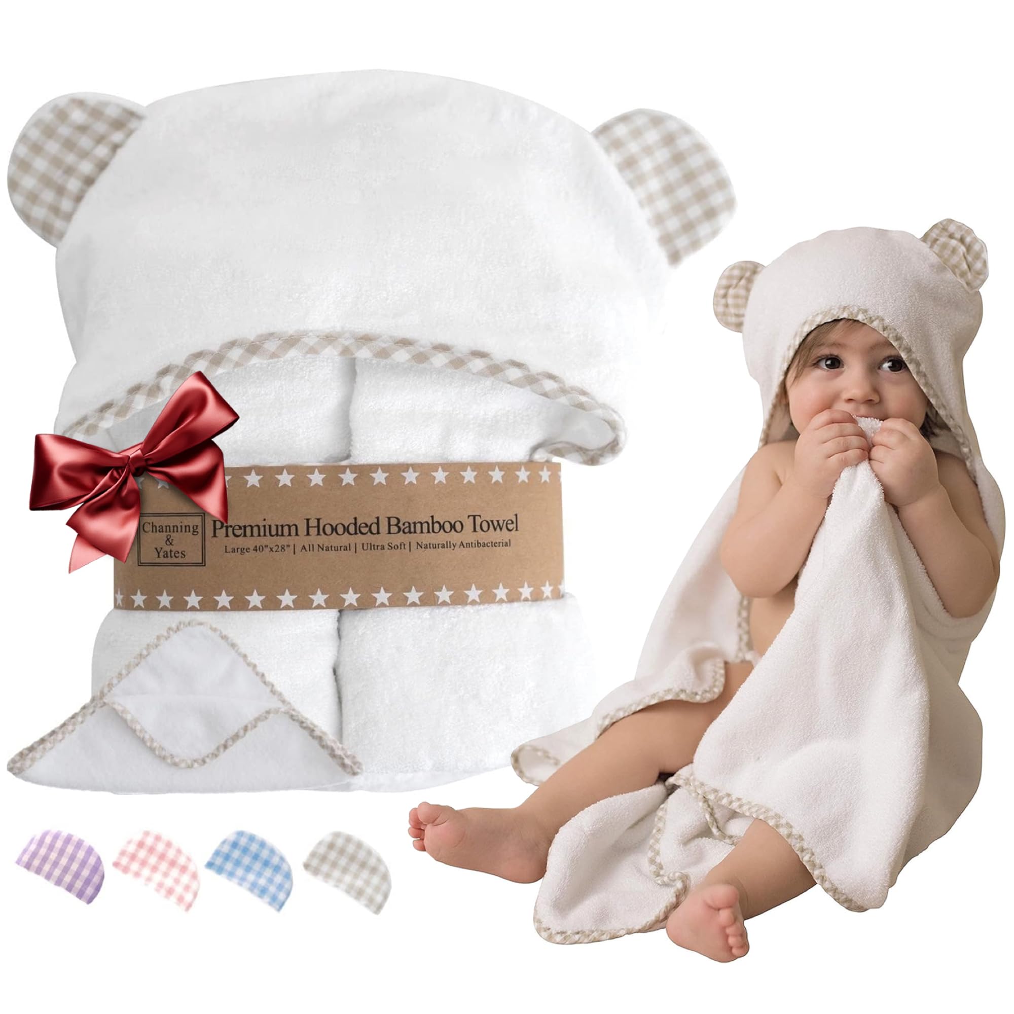 Channing & Yates Organic Bamboo Hooded Baby Towel with Washcloth Gift Set - Super Soft & Absorbent, Beige/White