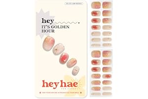 Heyhae Semi Cured Gel Nail Strips | No LED Lamp Needed | Ombre, Gold, Spring | Easy Apply & Remove, Salon Quality | Includes 28 Strips, 1 Prep Pads, Nail File & Wooden Stick - Hey, It's Golden Hour