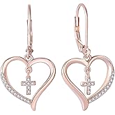Vesitim Sterling Silver Religious Earring for Women Heart Cross Drop Dangle Leverback Earrings Christian Birthstone Religious Jewelry with White Gold/Rose Gold/Gold Plated