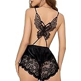 OYOANGLE Women's Lace Floral One Piece Sleepwear Bow Back Cami Solid Romper Pajamas Loungewear