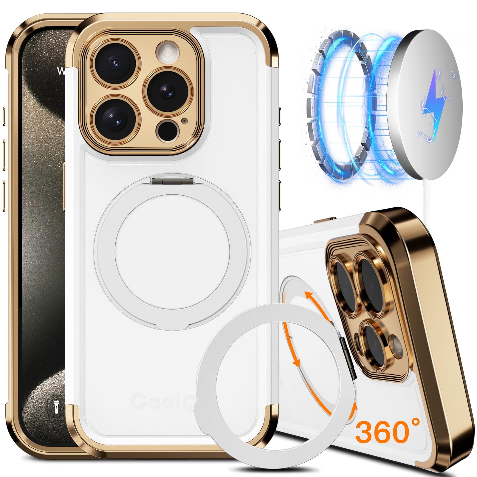 Photo 1 of COOLQO for iPhone 15 Pro Max Case 6.7'' Upgraded 360° Spin Magnetic Stand [Compatible with Magsafe][Military Protection] Shockproof Protective Phone Holder Cover for iPhone 15 Pro Max, White Gold