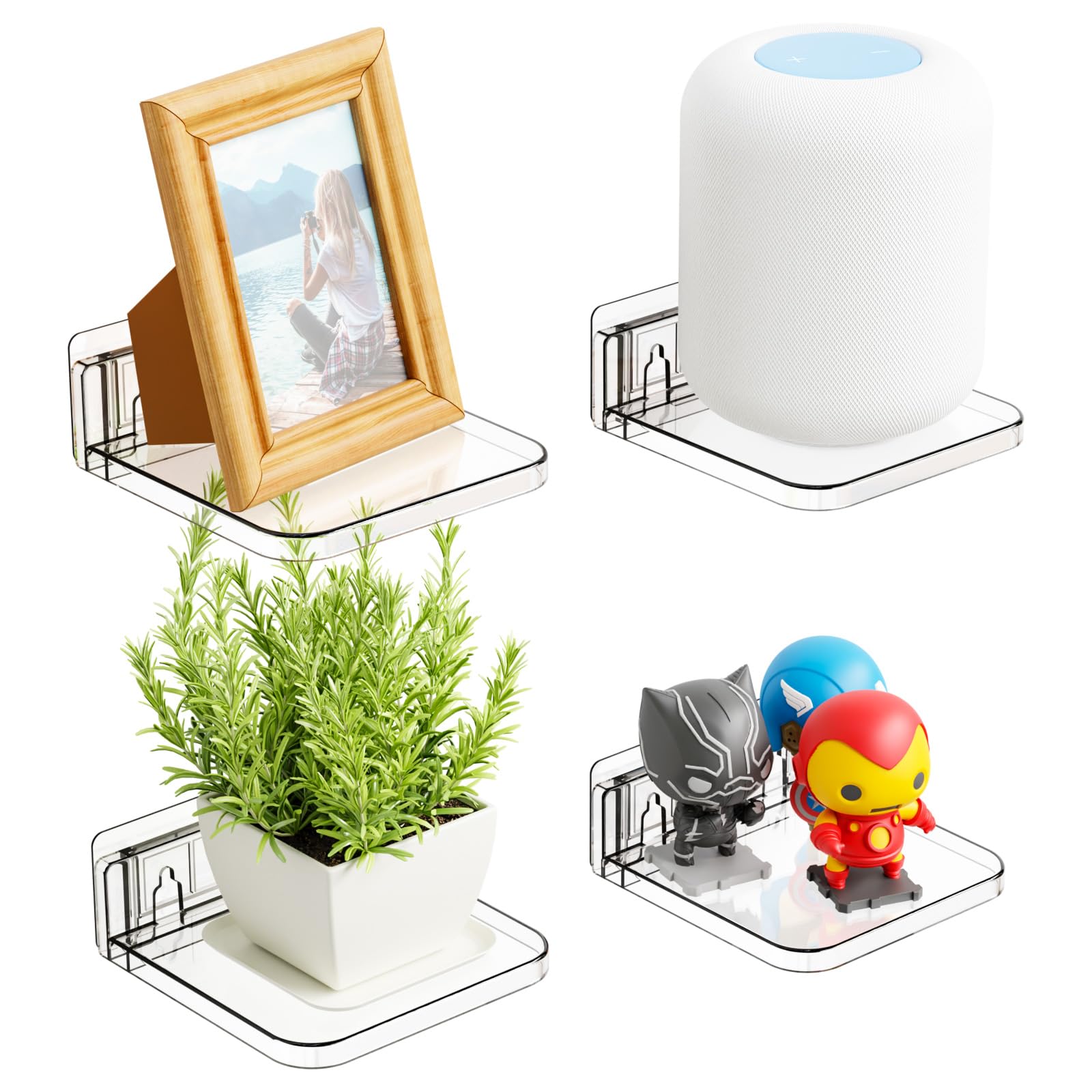 Photo 1 of Yieach 5 Inch Mini Shelf for Wall,4 Pack No Drilling Small Adhesive Shelf, Plant Shelves Indoor, Small Acrylic Floating Shelves for Wall and Display Ledges Picture, Funko, Anime Figure, Figurine, Clear