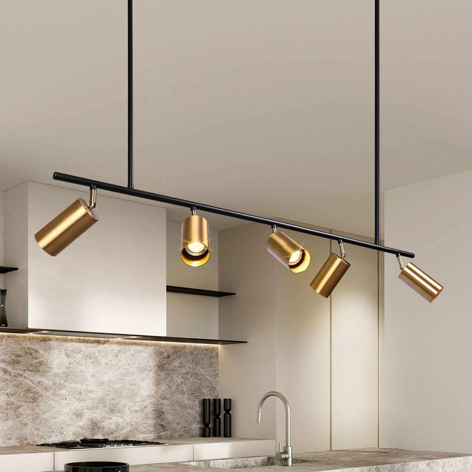 ZICBOL Modern Gold Pendant Light Ceiling, 100cm Adjustable Length Industrial Rustic Chandelier Ceiling Light, Kitchen Island Light LED Pendant Spotlight Lighting Ceiling for Living Room, Coffee Shop