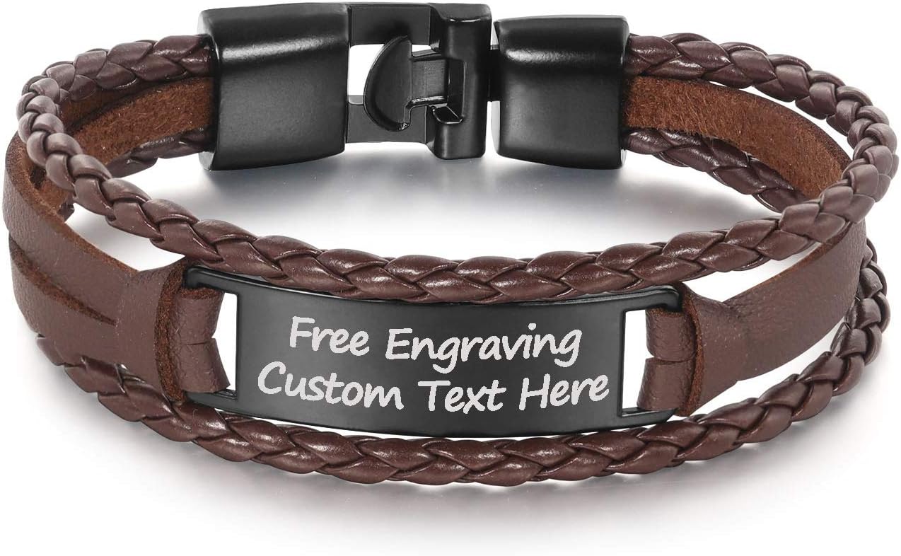 GAGAFEELPersonalized Leather Bracelets for Women Men Custom Engraved ID Name Cuff Braided Rope Stainless Steel Bangle Birthday Xmas Gift