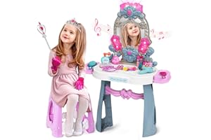 VViN Kids Vanity Set for Girls with Light & Music, Princess Vanity Table with Stool, Pretend Makeup Dresser with Crown, Scepter, Gloves & Jewelry Accessories, Toys for 3 4 5 Year Old