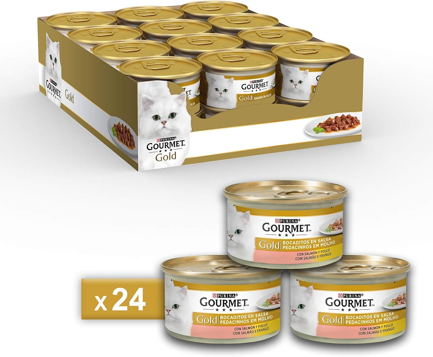 Gourmet Purina Gold Wet Cat Food Cubes in Sauce with Salmon and Chicken - 24 x 85 g Tins (Pack of 24 x 85 g)