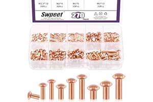 Swpeet 270Pcs Half Round Head Copper Solid Rivet Metal Fasteners Set, Copper Solid Rivets Rivet Fastener Ideal for Electrical