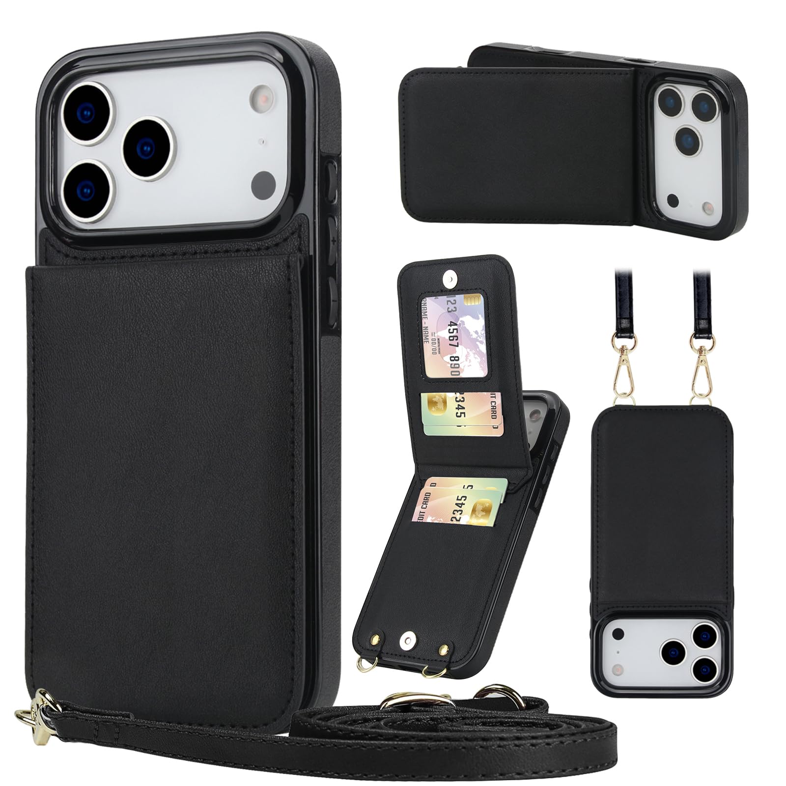 Photo 1 of HOGGU Compatible for iPhone 17 Pro Case Wallet with Crossbody Strap, 4 Card Holder [RFID Blocking], Flip Vegan Leather Protective Shockproof Slim Wallet Phone Case for Women Girls, Black