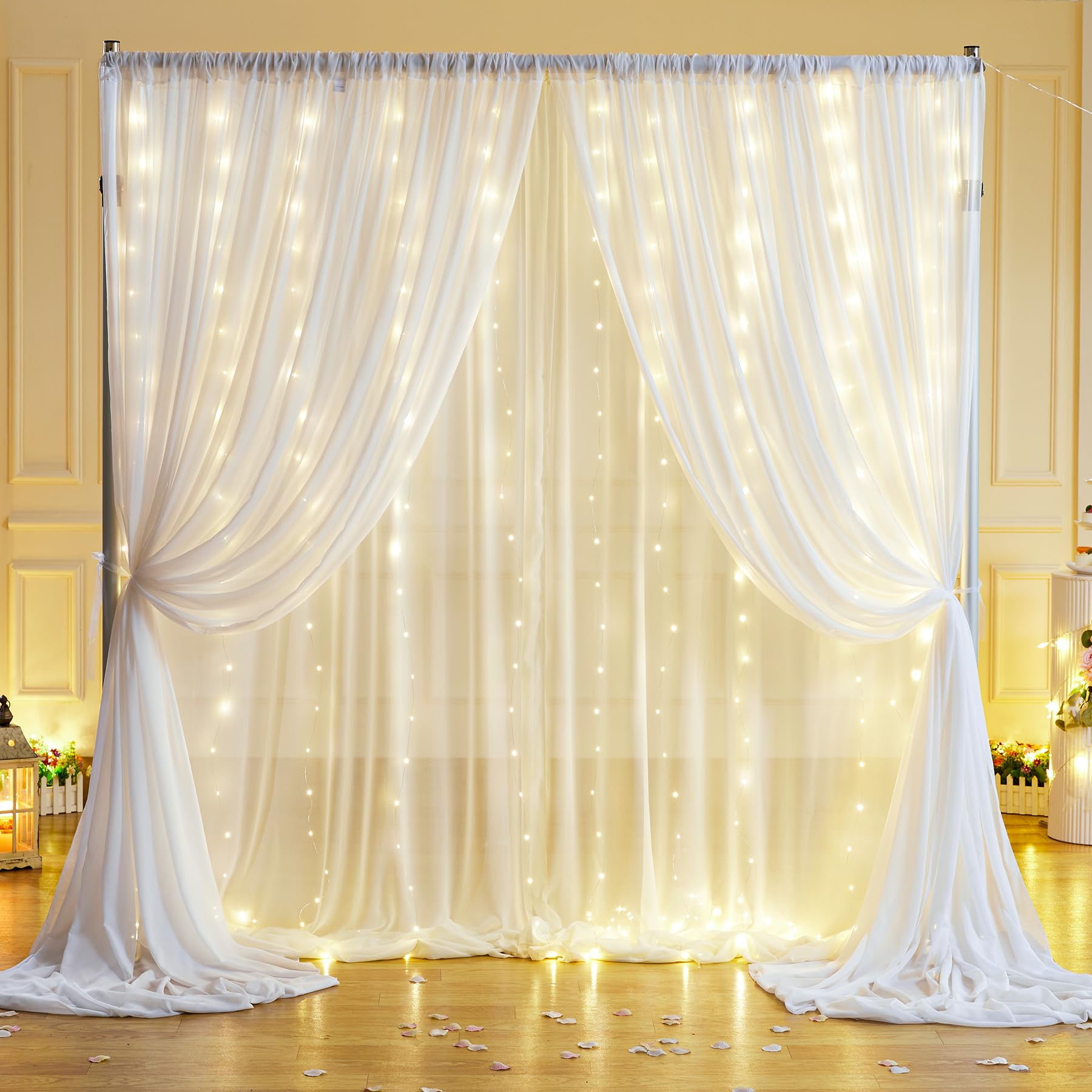 Photo 1 of 10x10ft White Backdrop Curtains with Lights Wrinkle Free Chiffon Backdrop Curtain for Wedding Birthday Party Baby Shower Photo Shoot Bridal Shower Home Party Background Decorations