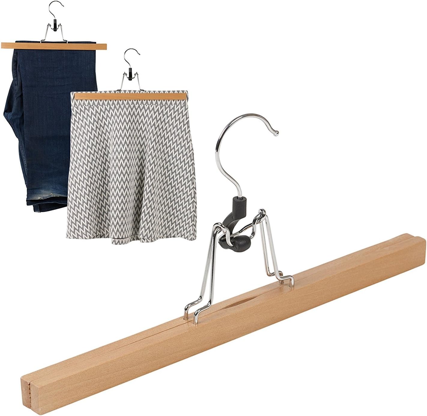 Set of 3Natural Wood Wooden Clothes Trousers Skirt Clip Clamp Hangers - 33cm