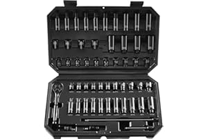 VEVOR Impact Socket Set 1/4" Drive, 55-Piece Deep & Shallow Socket Set Standard SAE (5/32 to 9/16 inch) & Metric (4 to 15 mm) Size, 6 Point, CR-V, Extension Bar, Universal Joint, Reducer