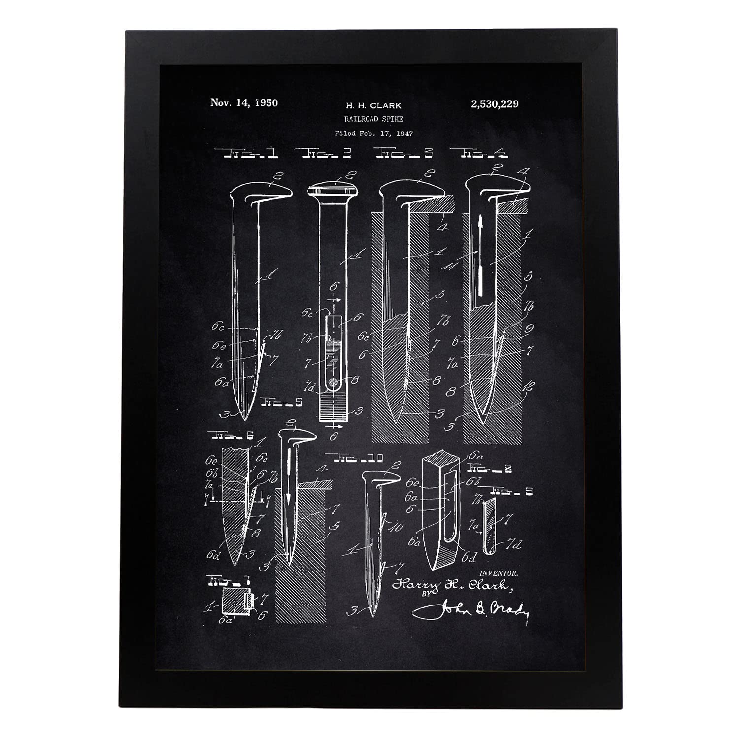 Nacnic Poster patent railroad nails. Sheet with old design patent A3 size with black background