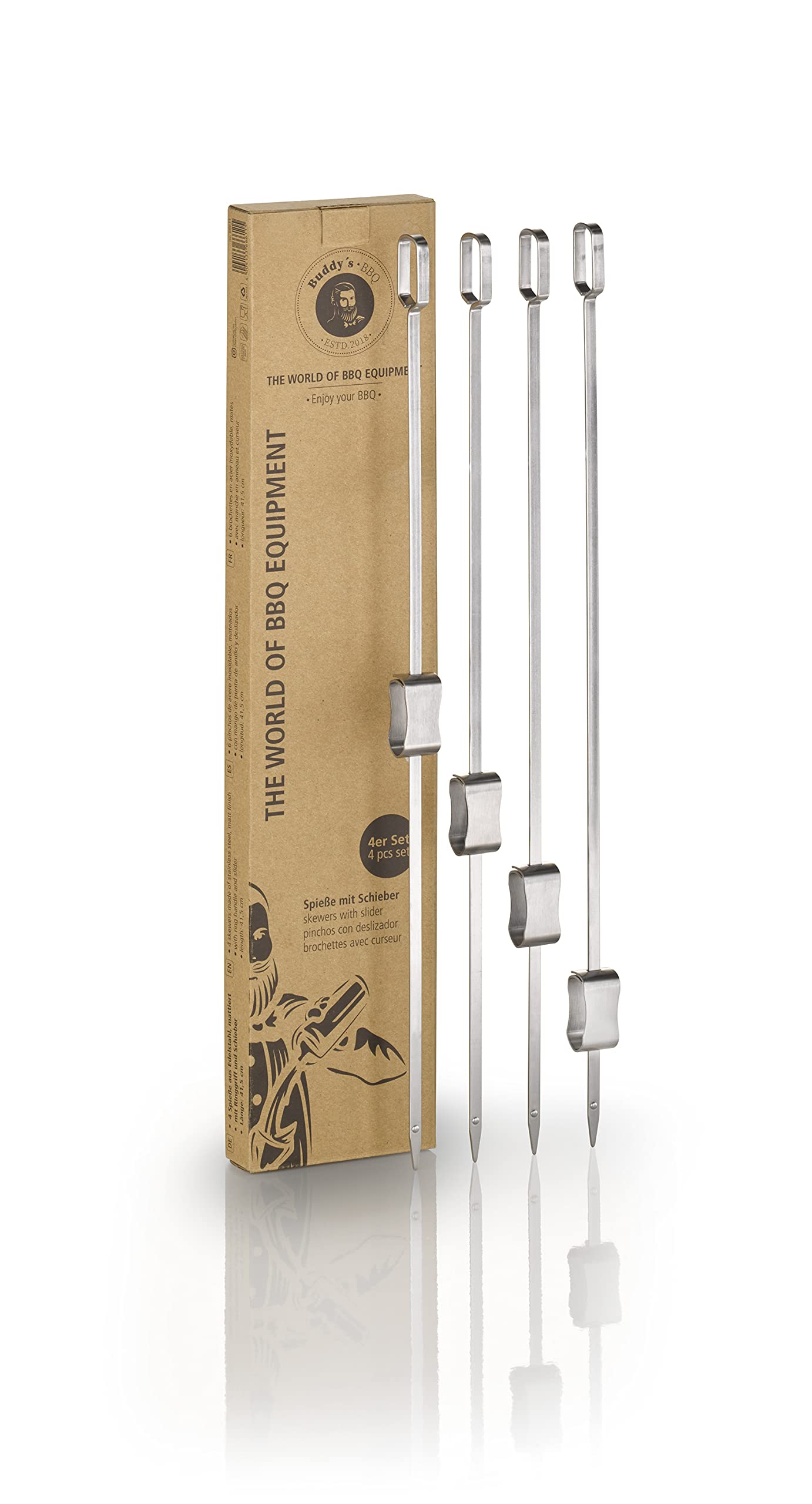 Buddy's BBQ - 4 Stainless Steel Flat BBQ Skewers, 41.5 cm Length, Ring Handle and Slider
