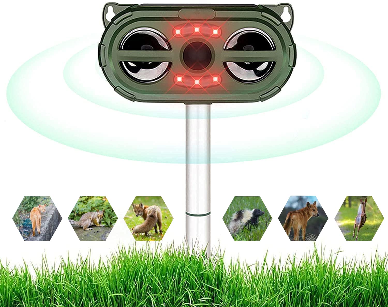 WAQQ Cat Repellant Garden,Cat Repellent Ultrasonic,Cat Deterrent,Squirrel Repellent,Fox Deterrent For Gardens,5 Modes,Infrared Sensor,12 Led Lights,Solar Powered