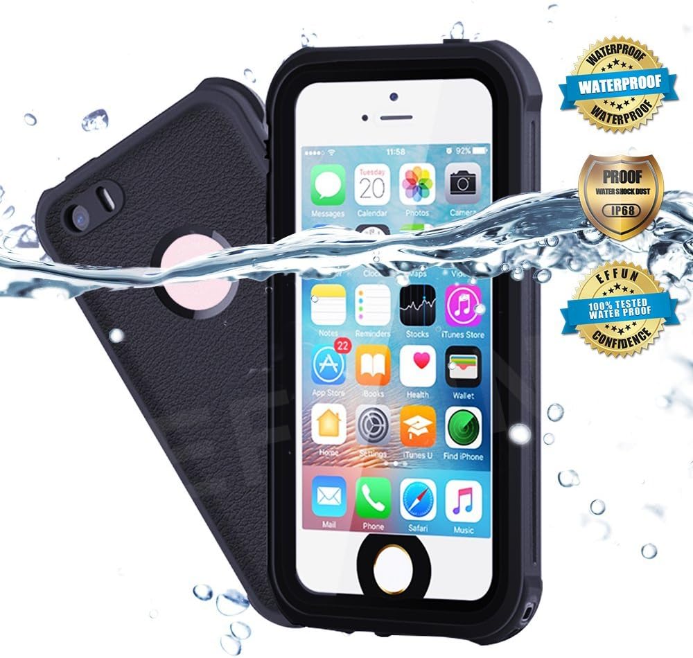 EFFUN Waterproof iPhone 5/5S/SE Case, IP68 Certified Water/Dust/Snow/Shock Proof Case with Cell Phone Holder, PH Test Paper, Stylus Pen and Floating Strap Black/White/Aqua Blue/Pink/Light Blue/Purple