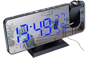 ThreeH Projection Alarm Clock Radio Digital Alarm Clock 4 Dimmer & 180° Rotable & 2 Sounds 7.4'' Large Mirror Display Black-B