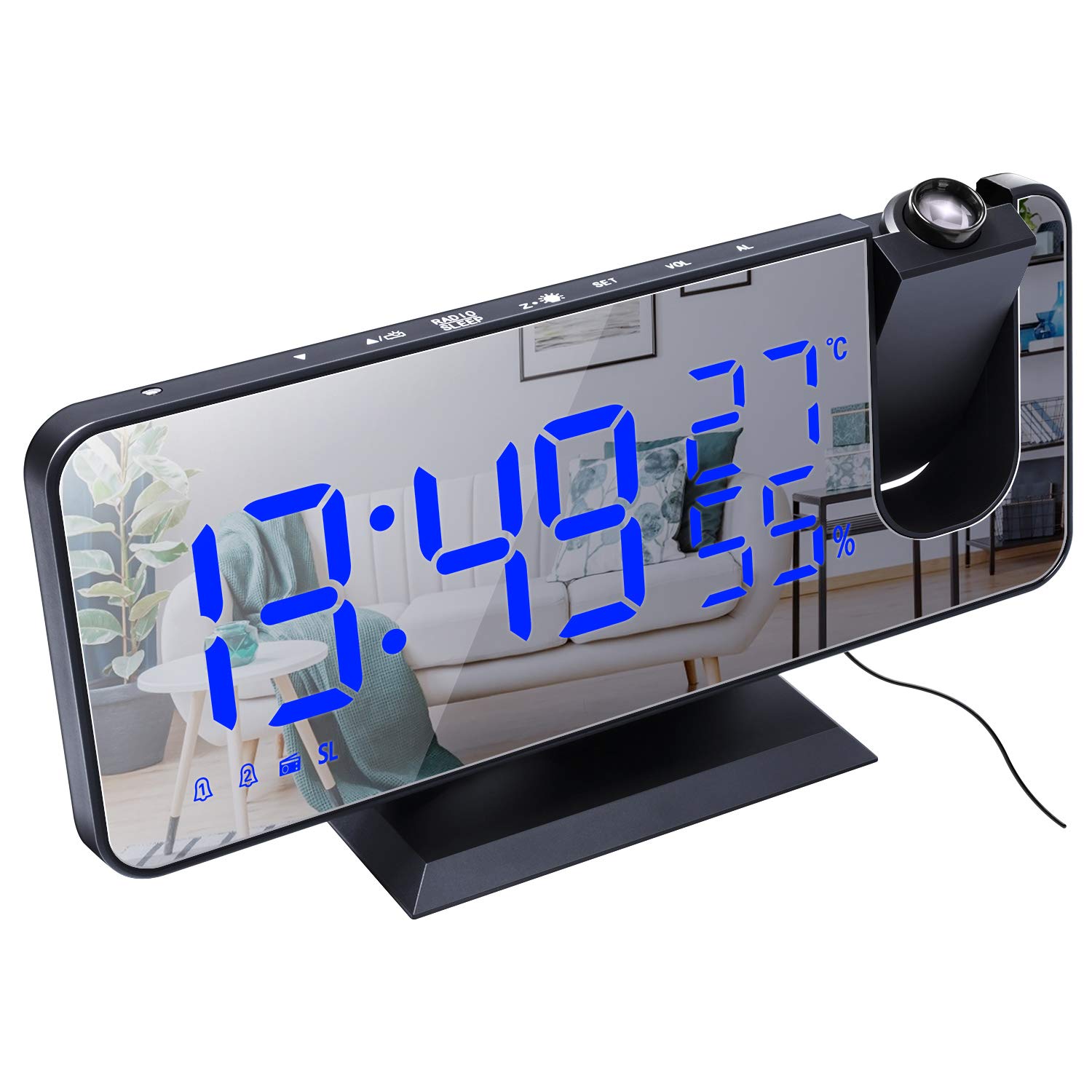 ThreeH Projection Alarm Clock Radio Digital Alarm Clock 4 Dimmer & 180° Rotable & 2 Sounds 7.4'' Large Mirror Display Black-Blue