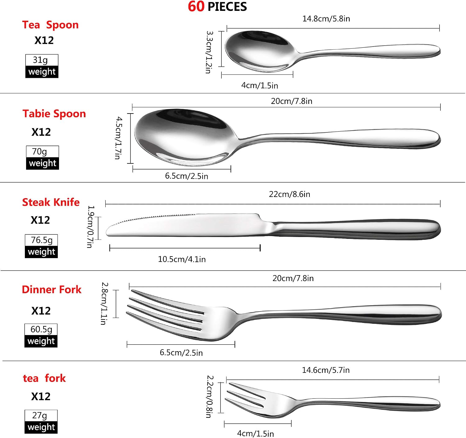Velaze 60 Piece Cutlery Set for 12 People - Image 4