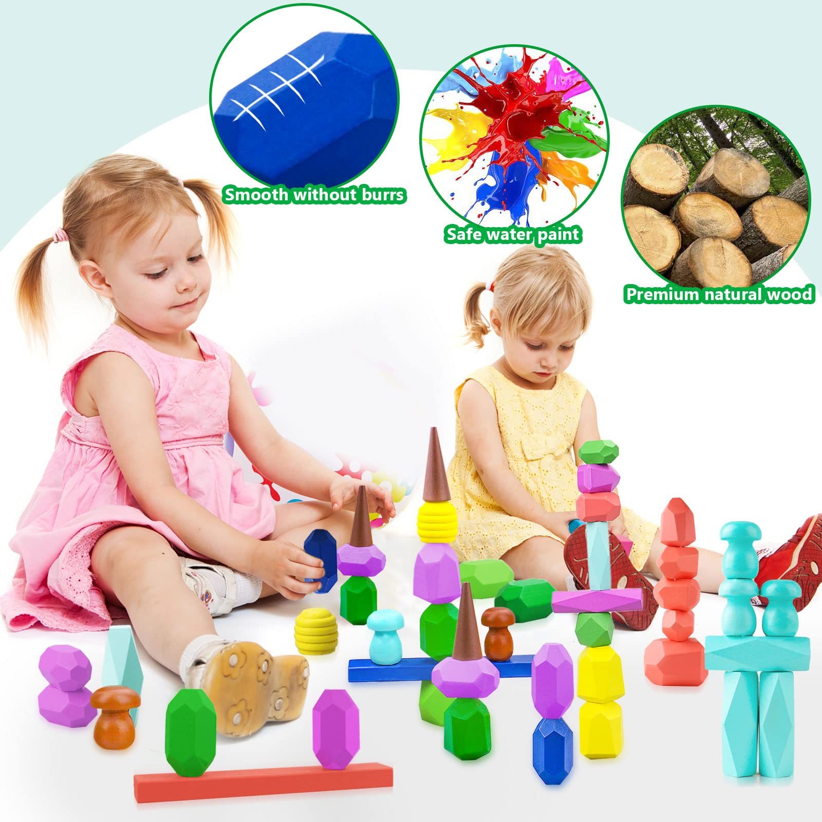 Toys for 3 Year Old Boys Girls, 36 PCS Colorful Wooden Sorting Stacking Rocks for Toddlers 3-4 Montessori Sensory Building Blocks for Kids Ages 4-8, Preschool Learning Activities for Home School
