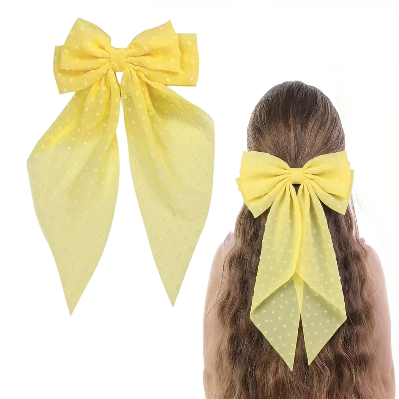 Ling & Bai 8 Inches Large Hair Bow Clip Big Long Tulle Layered Bows Barrettes Hair Accessories for Women Girls Teens (Yellow)