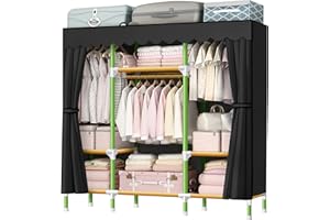 YOUUD Portable Closet 57 Inch Wardrobe Closet Clothes Organizer with 3 Storage Shelves and 3 Hanging Rods, Cloth Closet of Colored Rods Black Cover Quick and Easy to Assemble,Strong and Durable