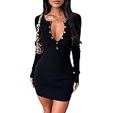 Civpe Women’s Ribbed Knit Bodycon Mini Dress Long Sleeve V Neck Button Down Sweater Dress for Fall Winter Party & Club