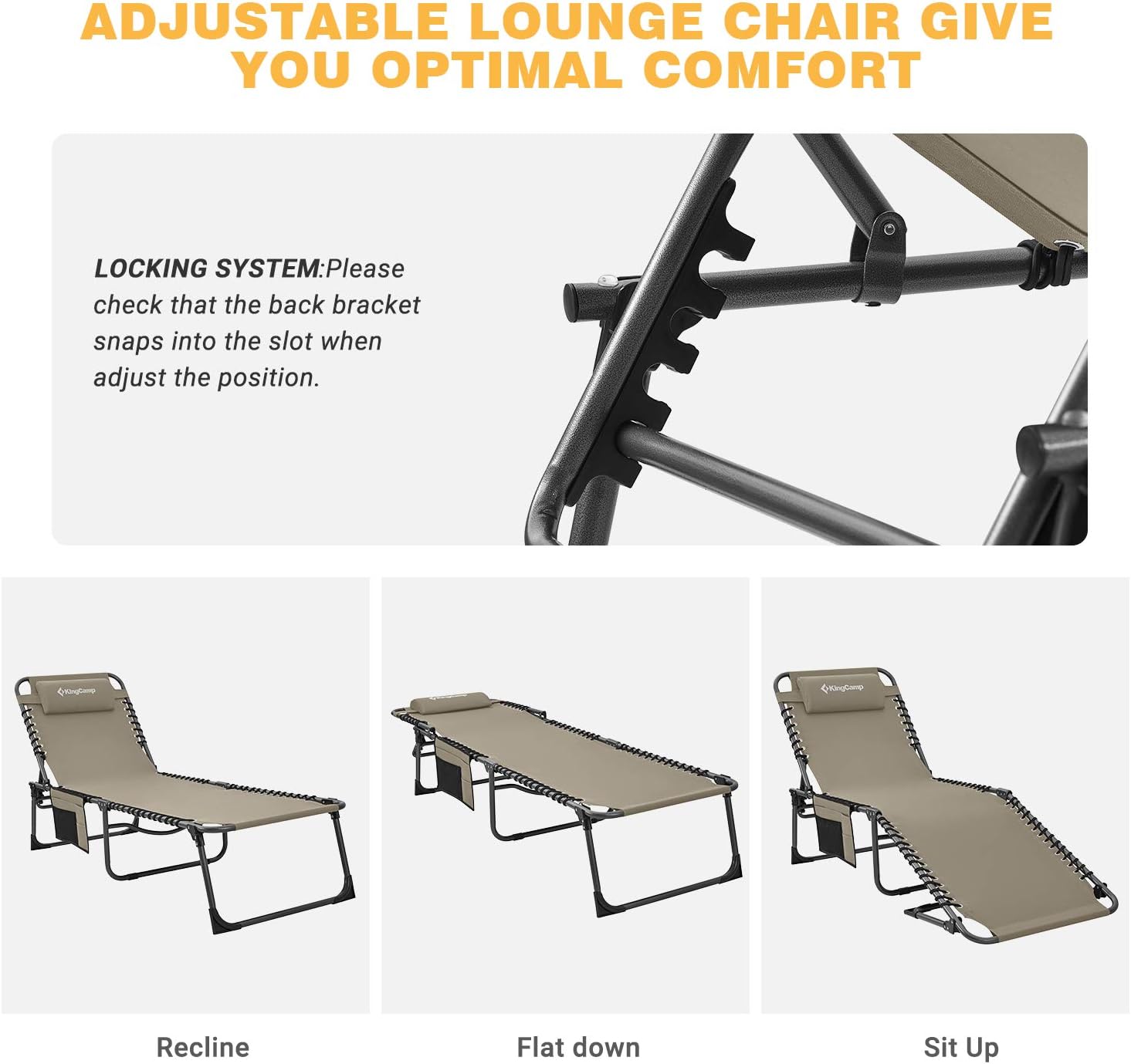 KingCamp 4-Fold Outdoor Folding Chaise Lounge Chair for Beach, Sunbathing, Patio, Pool, Lawn, Deck, Portable Lightweight Heavy-Duty Adjustable Camping Reclining Chair with Pillow, Gray : Garden & Outdoor