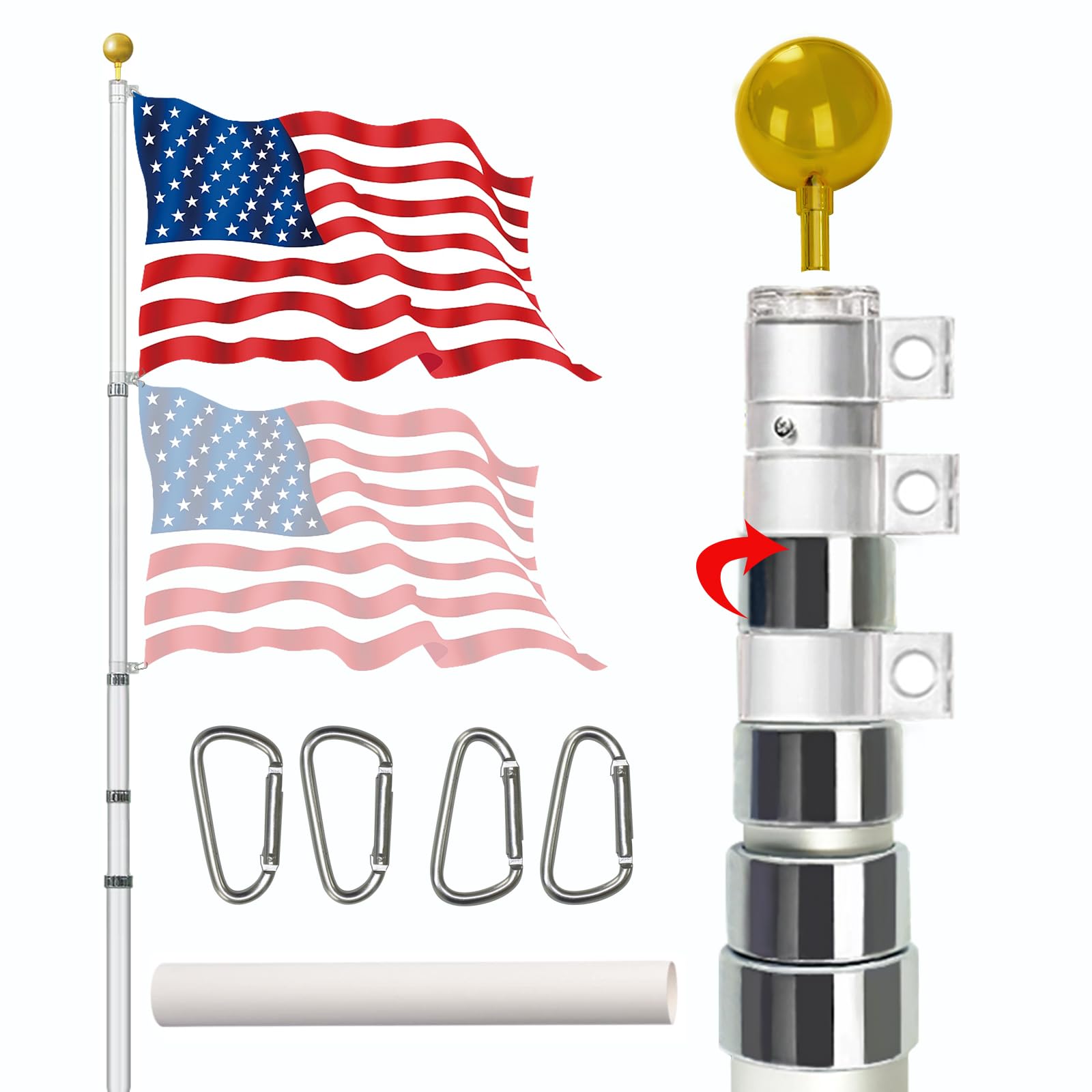 Photo 1 of Sunocity Telescoping Flag Pole Kit – 25FT, Extra Thick Aluminum, Dual Flag Display, Includes 3X5FT US Flag, Silver, for Residential & Commercial Use