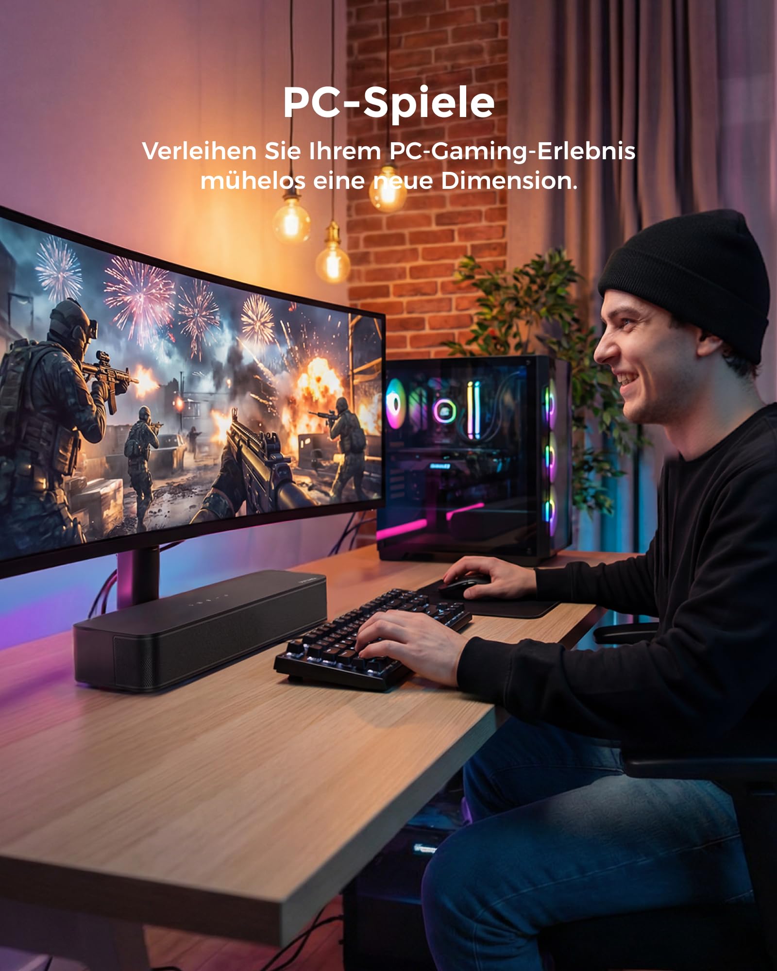ULTIMEA 2.1 Soundbar für TV Geräte mit integriertem Subwoofer, APP-Steuerung, 132W All-in-One PC Soundbar für Gaming, TV Lautsprecher mit Verstellbarem Bass, Bluetooth® 5.4, Opt/AUX, Poseidon M20 Pro 7