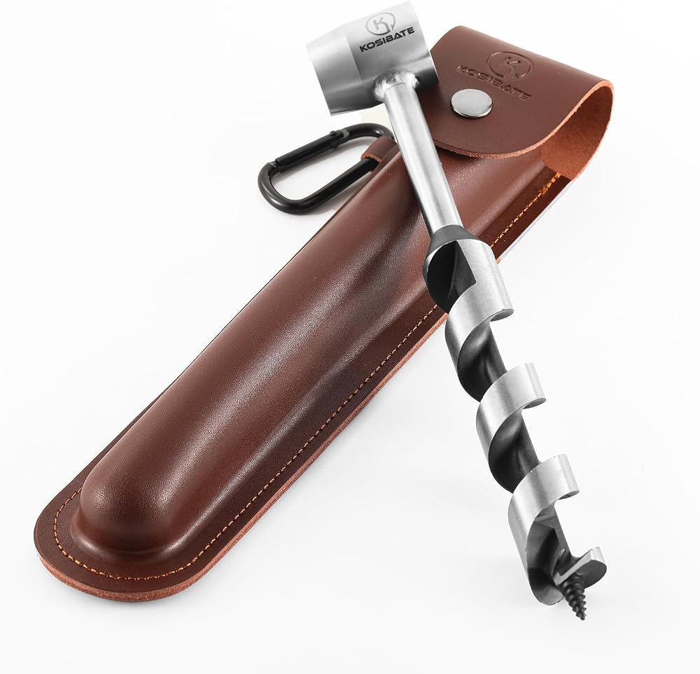 Kosibate Hand Auger Wrench Bushcraft Wood Drill Scotch Eye Tool w/ Leather Case