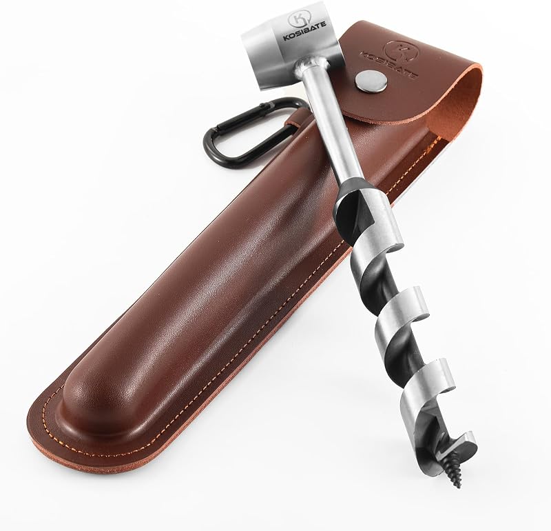 Kosibate Hand Auger Wrench Bushcraft Wood Drill Scotch Eye Tool w/ Leather Case