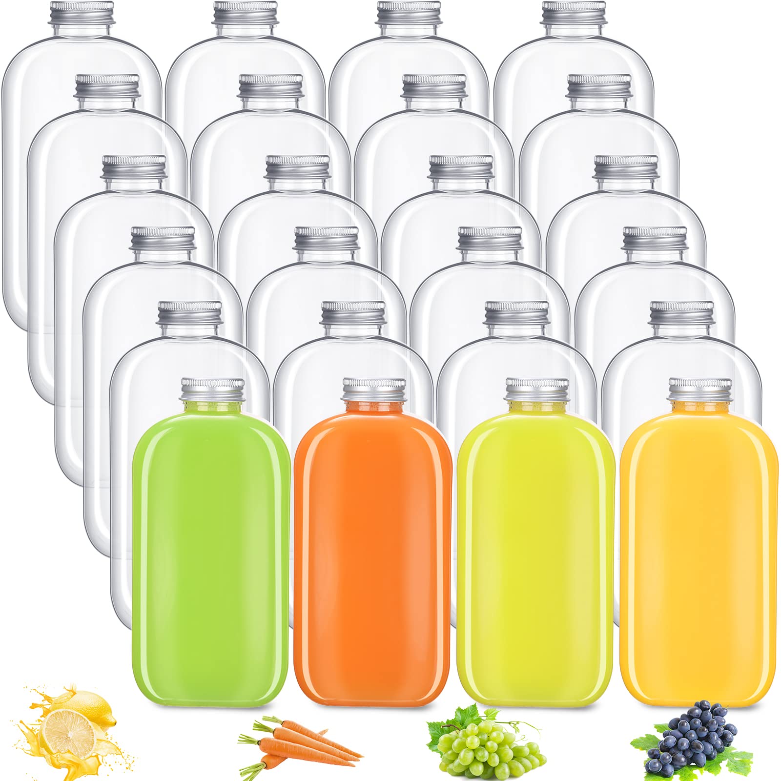 Photo 1 of 24 Pack Plastic Bottles with Caps, Clear Juice Bottles Flat Water Bottle Plastic Flask Bottle Reusable Mini Beverage Container for Drinks, Milk, Tea, Alcohol, Liquor (12 oz)