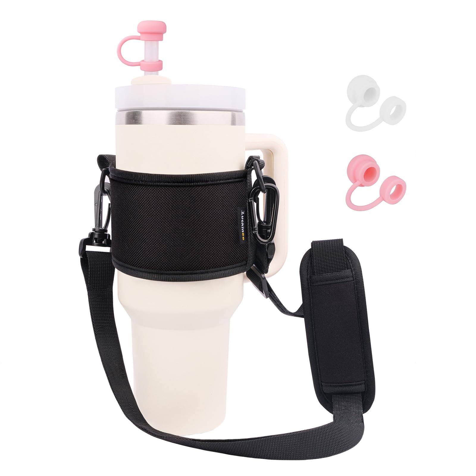 Photo 1 of LUCKINEE Water Bottle Carrier Holder with Shoulder Strap Water Bottle Handle Strap Sling for Stanley 30&40oz Tumblers With 2pc Straw Covers Toppers for Stanley Cup Holder (Black)