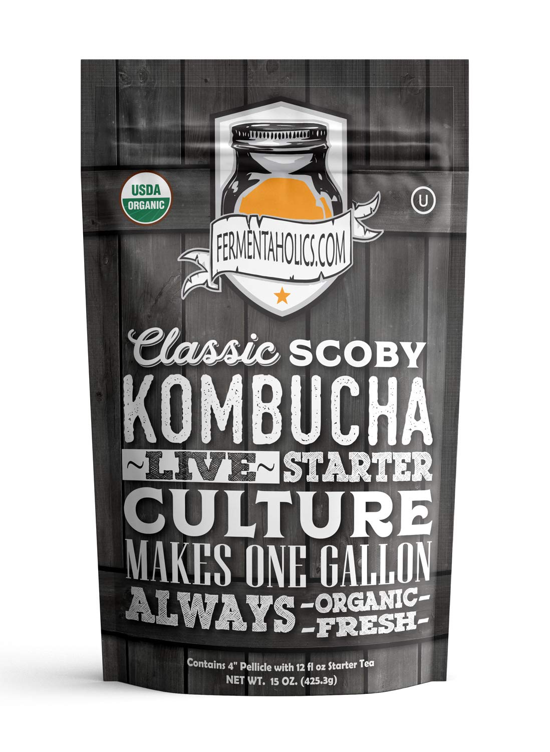 Fermentaholics ORGANIC Kombucha SCOBY With Twelve Ounces of Starter Tea | Live Starter Culture | Makes One Gallon Batch | One and a Half Cups of Starter Tea