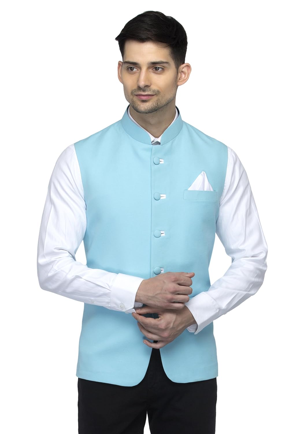 favoroski sleeveless nehru jacket with mandarin collar for men