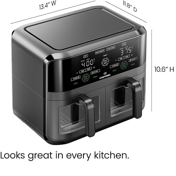 CHEFMAN 6 QUART DUAL BASKET AIR FRYER OVEN WITH EASY VIEW WINDOWS, SYNC FINISH, HI-FRY, AUTO SHUTOFF, 2 INDEPENDENT 3QT NONSTICK DISHWASHER SAFE FRYING BASKETS, DIGITAL DOUBLE AIR FRYER – BLACK