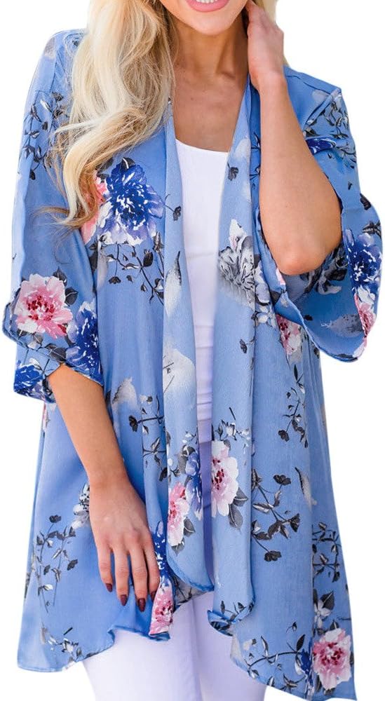 Women Chiffon Loose Shawl Print Kimono Cardigan Top Cover Up Blouse Beachwear