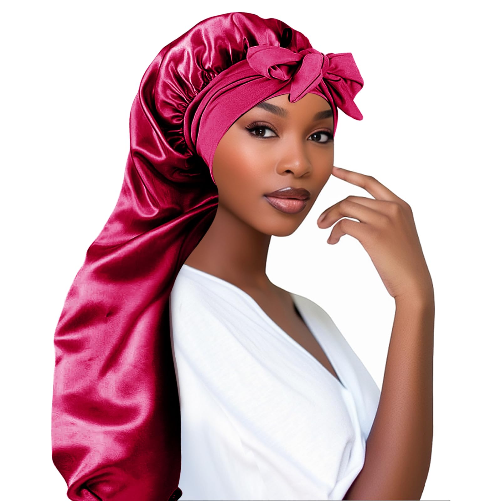 Adorila Extra Long Satin Bonnet for Women, Adjustable With Tie Band, Double Layer Elastic Silk, Rose Red, One Size
